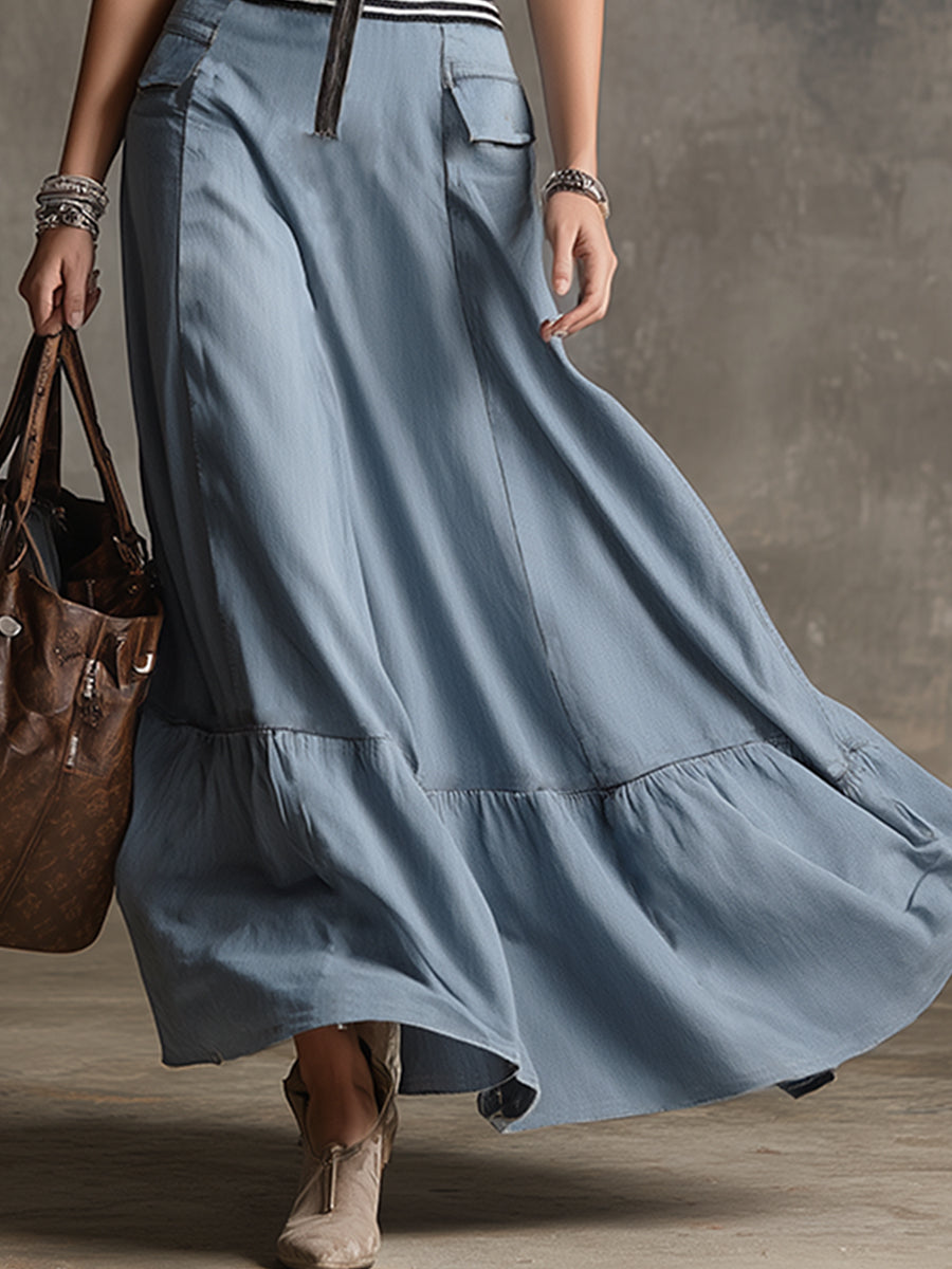 Vintage And Elegant Striped-trim Light Blue Tencel Denim Sleeveless Maxi' Dress