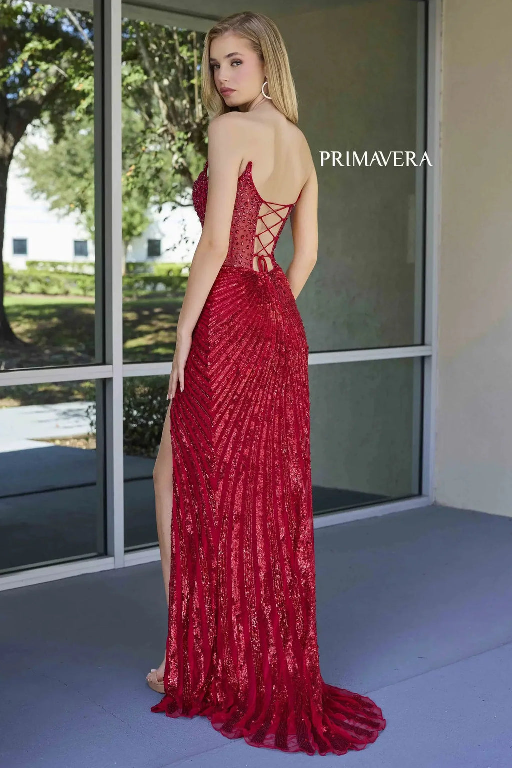 4304 ¨C Primavera - Strapless Beaded Gown with Slit & Lace-Up Back