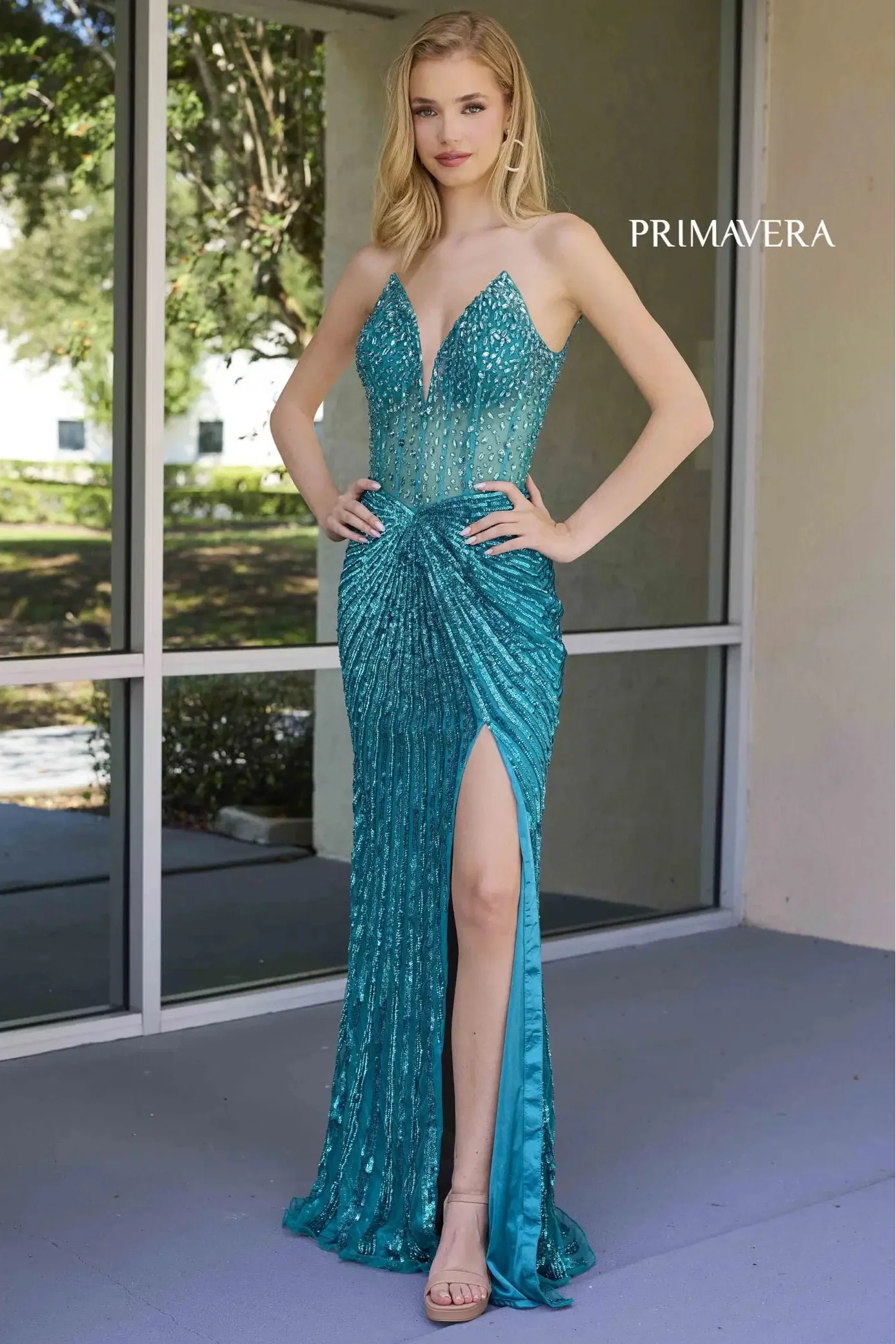 4304 ¨C Primavera - Strapless Beaded Gown with Slit & Lace-Up Back