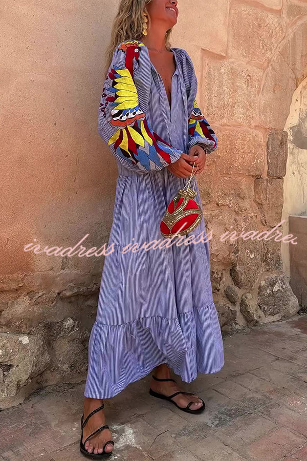 Unique Printed V-neck Lace-up Balloon Sleeves Loose Maxi Dress