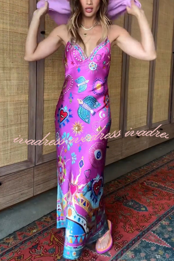 Effortless Chic Satin Unique Print Back Chain Detail Slip Maxi Dress
