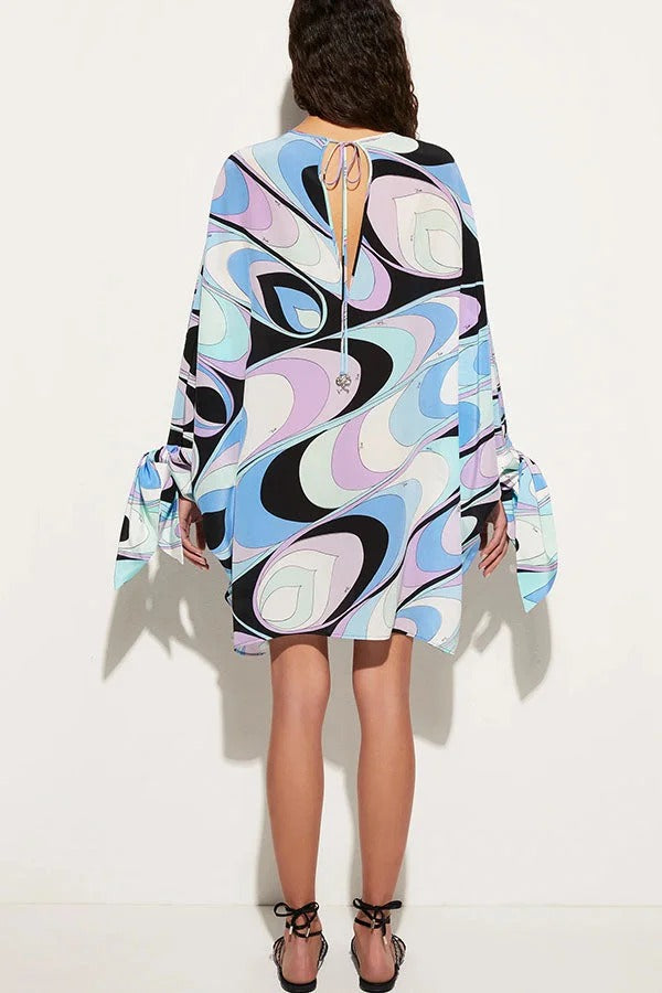 Micah Satin Unique Print Slit Tie-up Sleeve Shift Kaftan Mini Dress