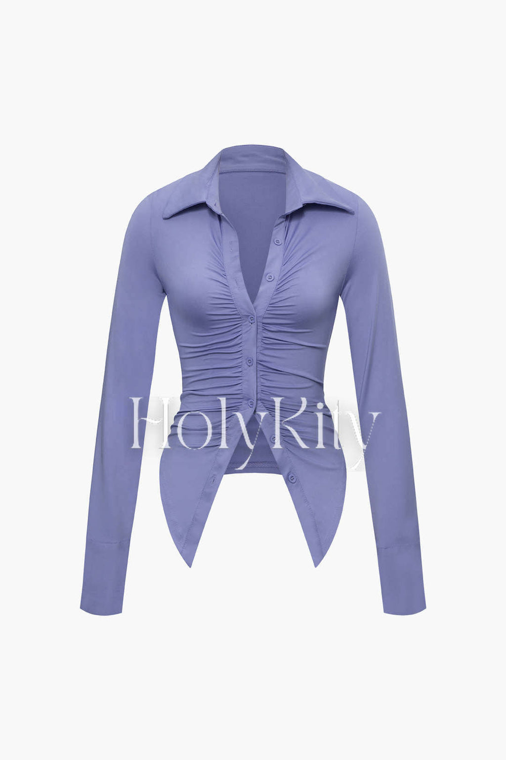 Collar Ruched Long Sleeve Shirt And Mini Skirt Set