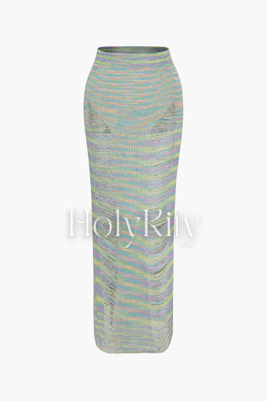 Knit Bra Top And Destroyed Knit Maxi Skirt And Shrug 3pc Set