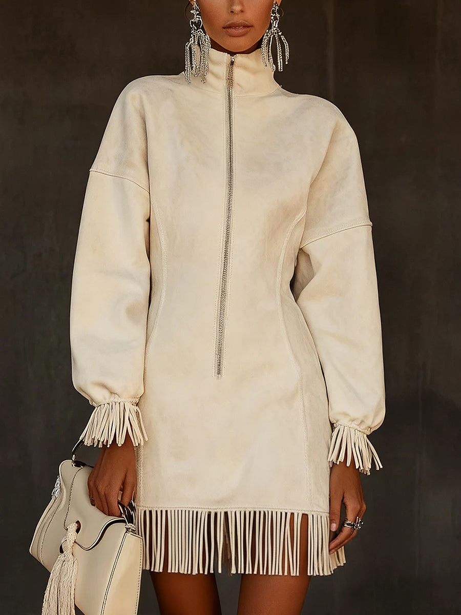 Casual White Stand Collar Long Sleeve Half-Zip Fringe Suede Mini Dress