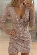 Deep V Neck Sequin Long Sleeve Fitted Party Dress