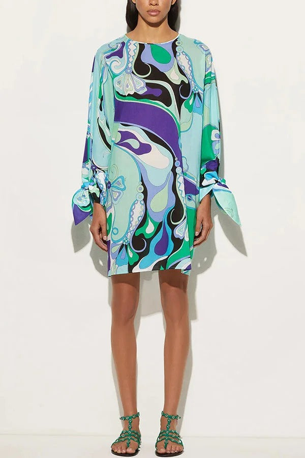 Micah Satin Unique Print Slit Tie-up Sleeve Shift Kaftan Mini Dress