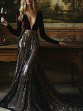 【24-hour shipping out】V-Neck Stylish Elegant Solid Color Velvet Sequined Long Maxi Dress