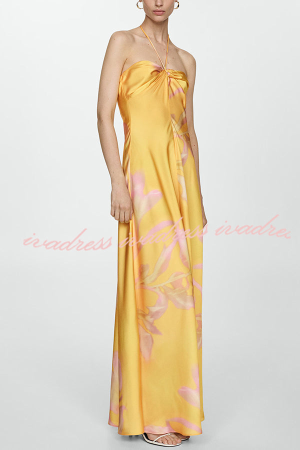 Catalina Island Satin Floral Print Twist Bust Halter Maxi Dress
