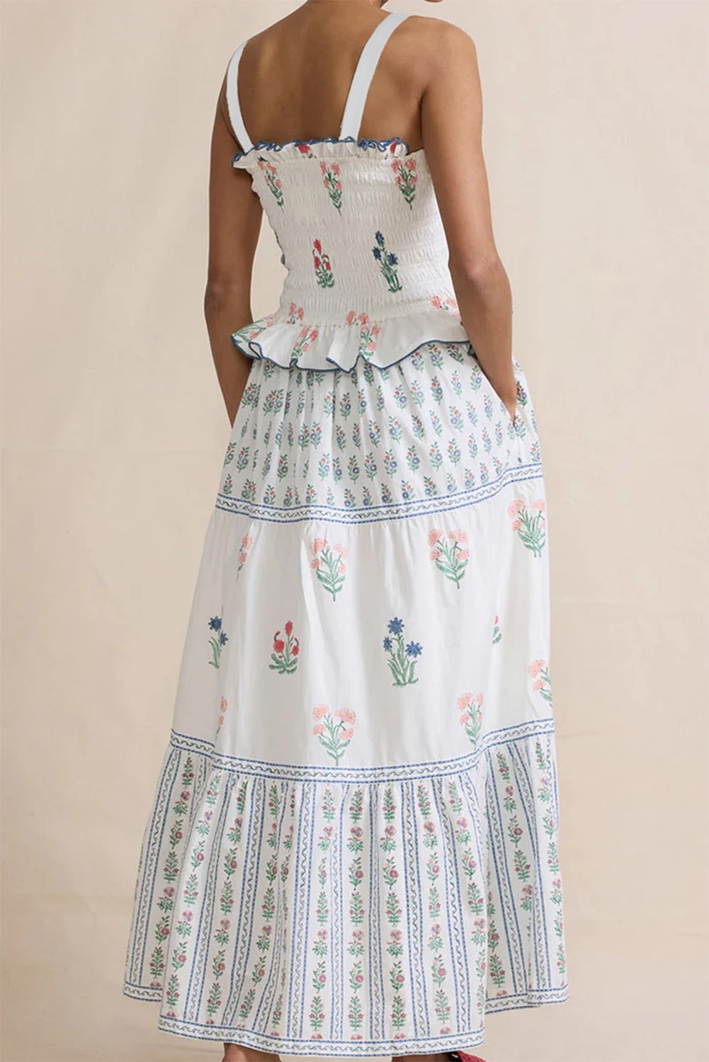White Floral Print Frill Smocked Bodice Boho Dress