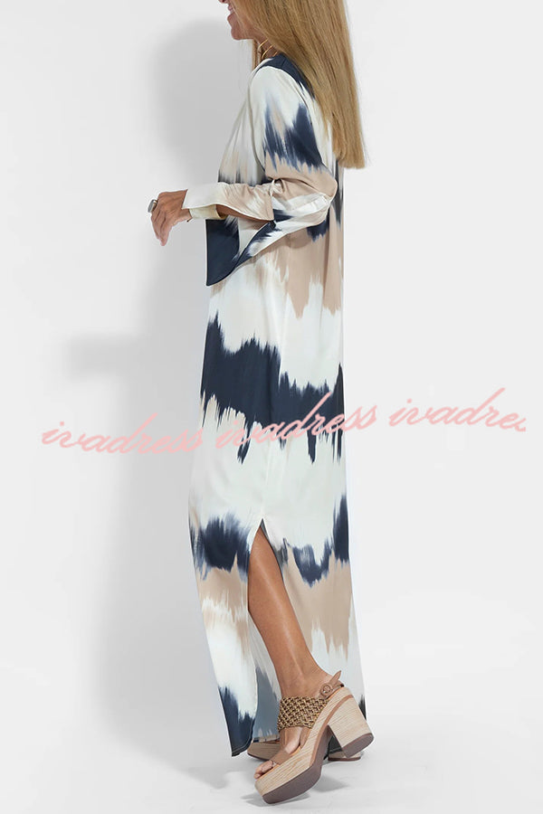 Tie Dye V Neck Pullover Long Sleeve Maxi Dress