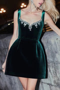 Blair Luxurious Velvet Jewel-encrusted Sweetheart Neck Pocket Tulip Stretch Mini Dress