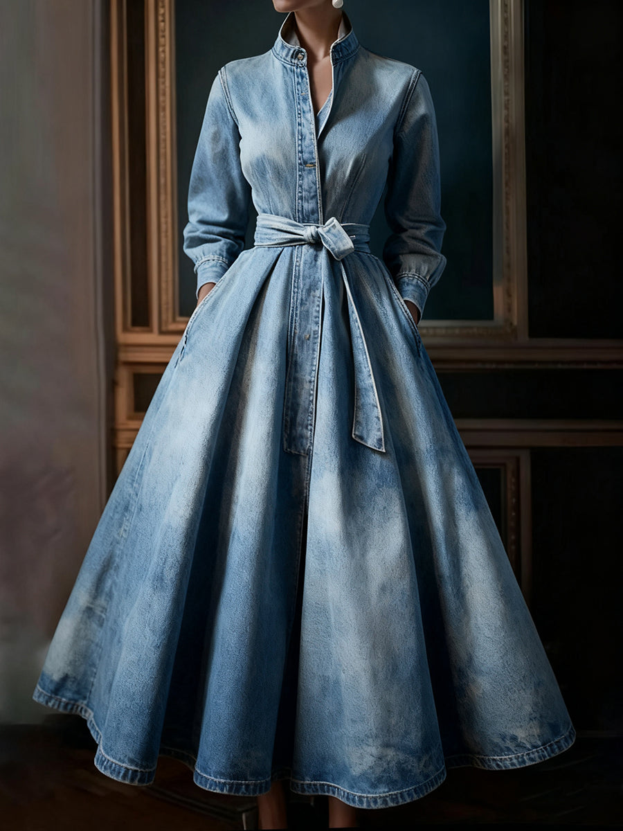 sheenchic Light Blue Denim Stand Collar Long Sleeve Pocket Pleated Belt Maxi Dress