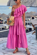Cotton Blend Ruffle One Shoulder Belt Maxi Dress