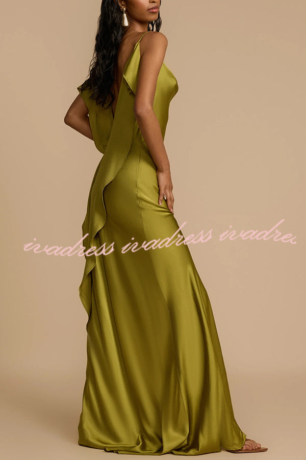 Evening Date Satin Cowl Neck Drape Ruffle Backless Bias Cut Party Maxi Dress