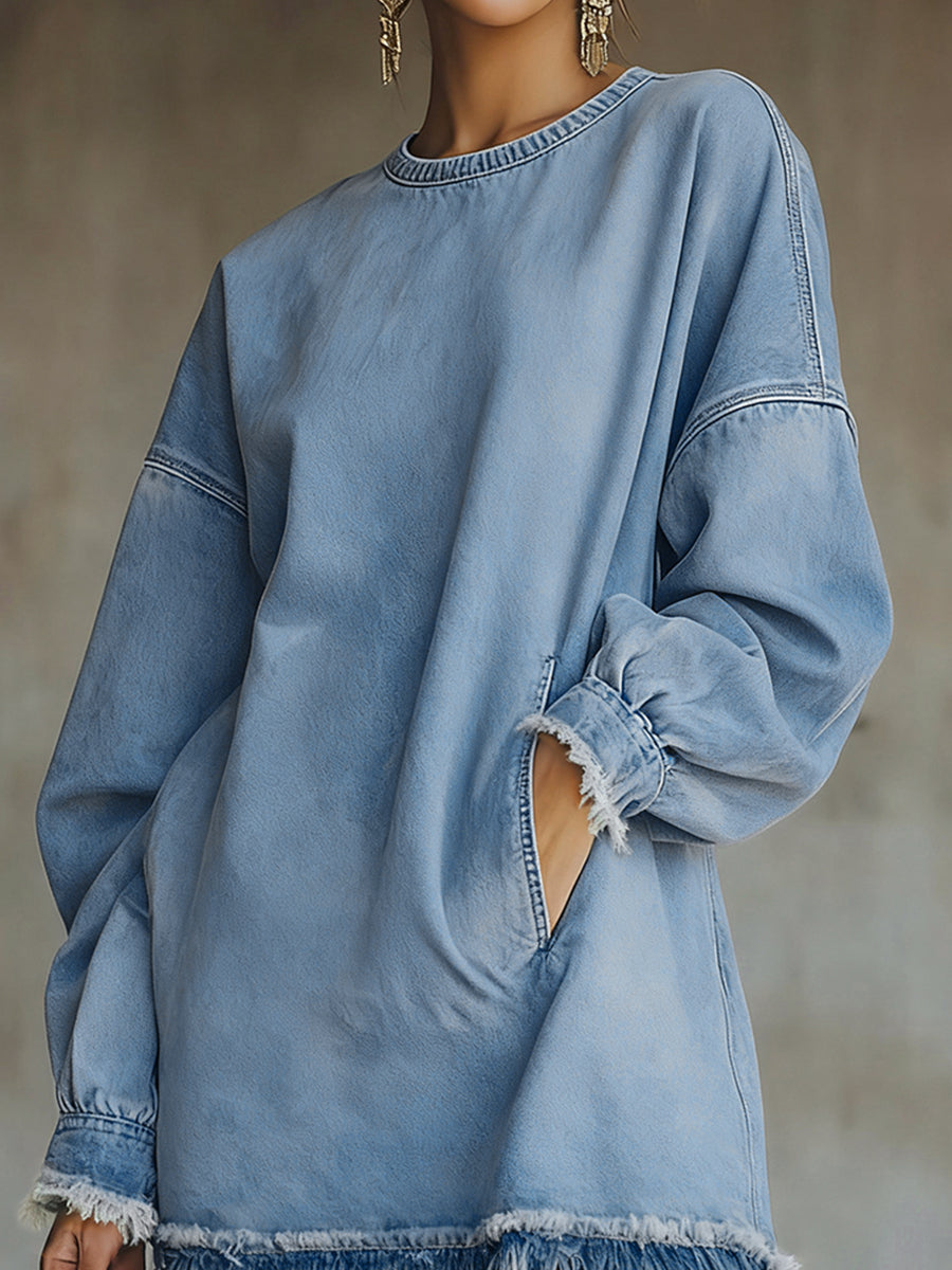 sheenchic Daily Blue Round Neck Long Sleeve Strappy Casual Trimmings Denim Mini Dresses