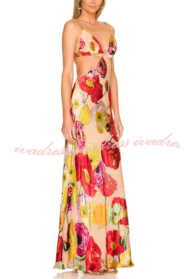 Hawaiian Dreams Satin Floral Print Cutout Backless Maxi Dress
