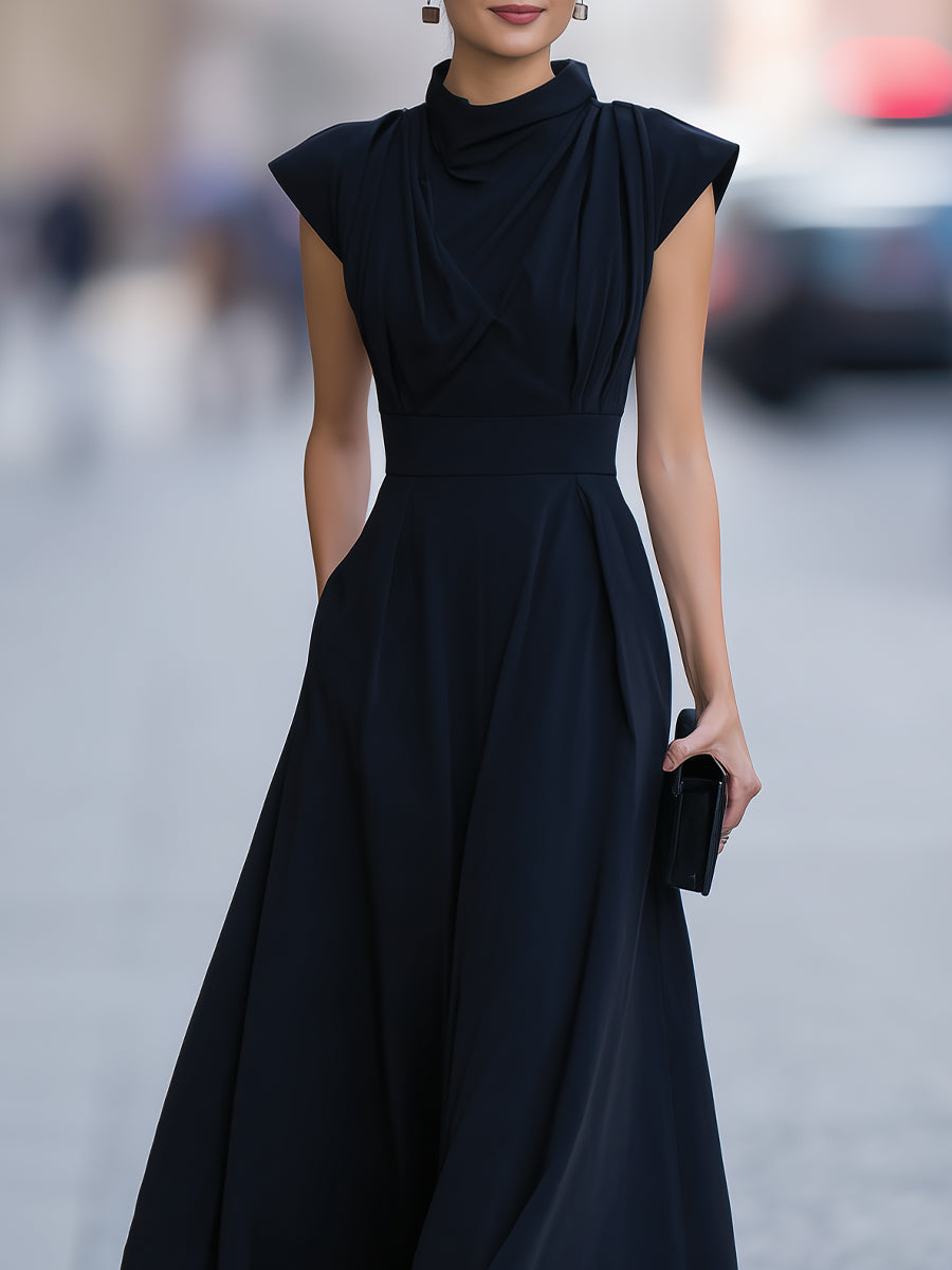 Draped Cap-Sleeve Maxi Dress With Defined Waist