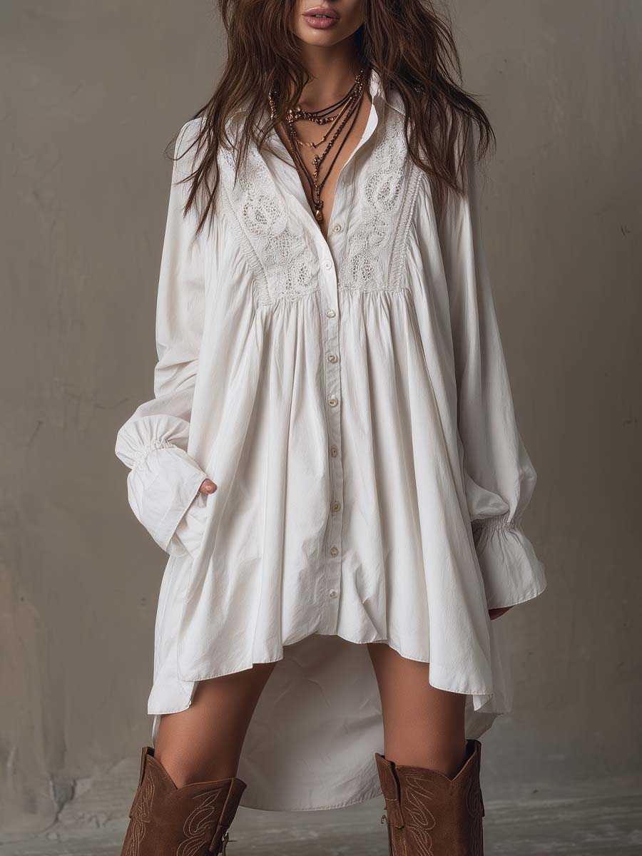 Daily White Turndown Collar Lantern Sleeve Long Sleeve Asymmetric Hem Boho Contrast Lace Mini Dresses