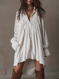 Daily White Turndown Collar Lantern Sleeve Long Sleeve Asymmetric Hem Boho Contrast Lace Mini Dresses