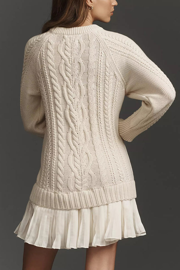 Fashion Loose Round Neck Long Sleeve Knitted Splicing Mini Dress