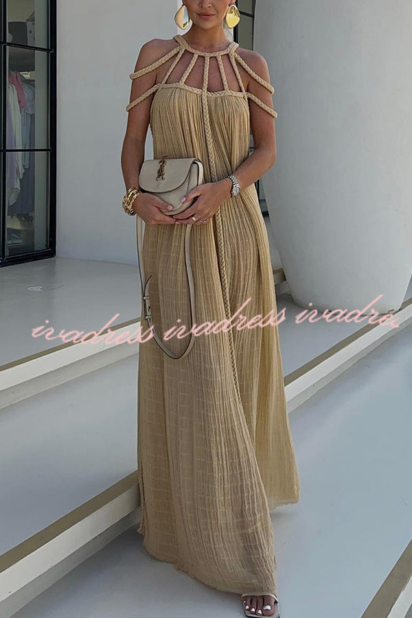 Modern and Sophisticated Linen Blend Draped Braids Cover Up Maxi Dress