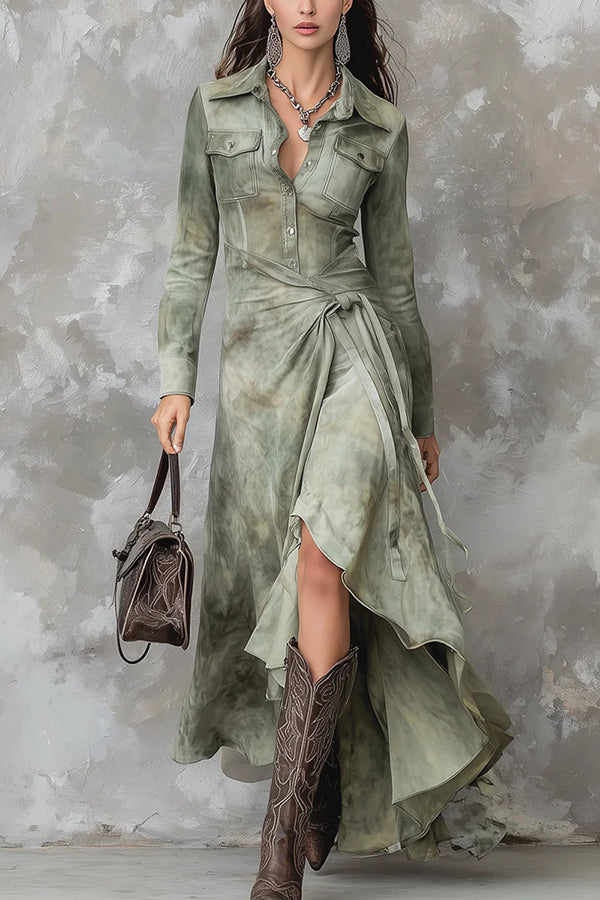 Fashionable Tie Dye Long-sleeved Slim-fit Tie-waist Irregular Maxi Dress