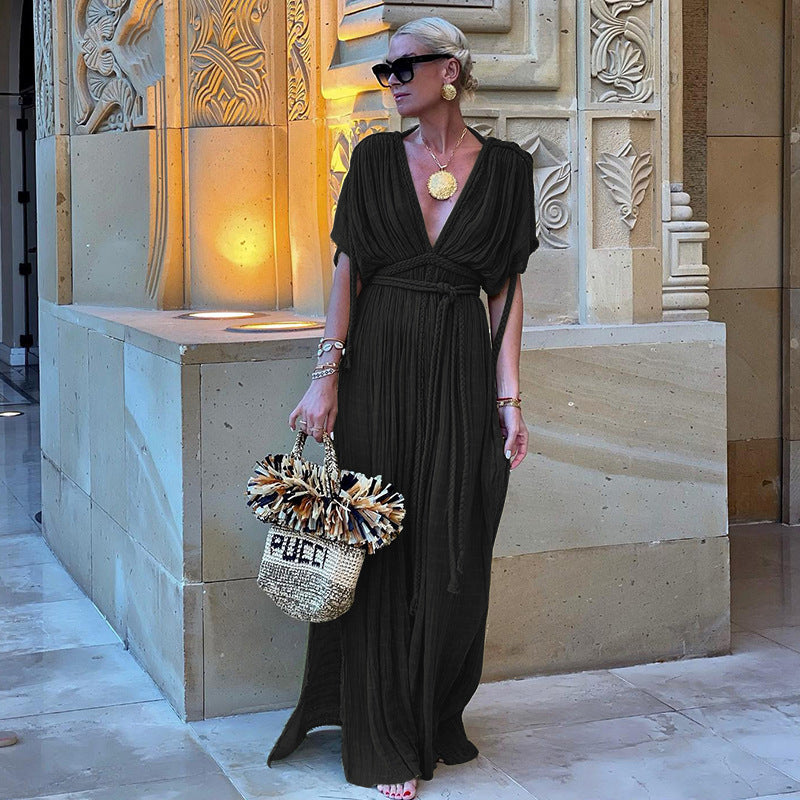 Off Shoulder Halter Maxi Dress(With Belt)