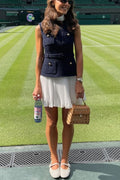 Sporty Elegance Tweed Metal Button Belted Pleated Hem Mini Dress