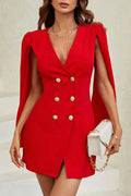 Solid Color V-neck Waist Double-breasted Elegant Mini Dress