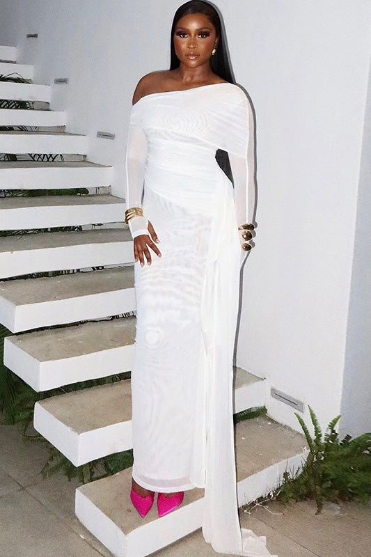 Mesh White One-Shoulder Maxi Dress