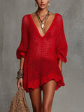 Red Open Knit V-Neck Mini Dress