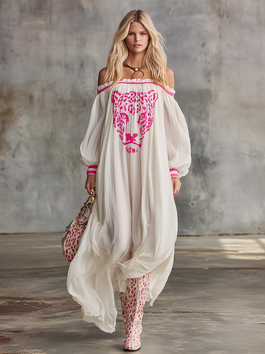 Elegant Flowing. Ultra-loose Off-shoulder Pink Leopard Print Off-white Chiffon Maxi Dress