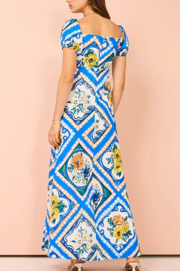 Art Blue Square Collar Print Linen Long Dresses Summer