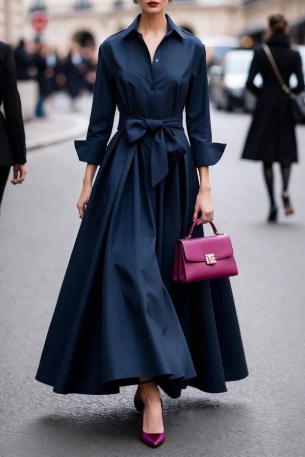 Shirt-collar. fitted-waist long dress