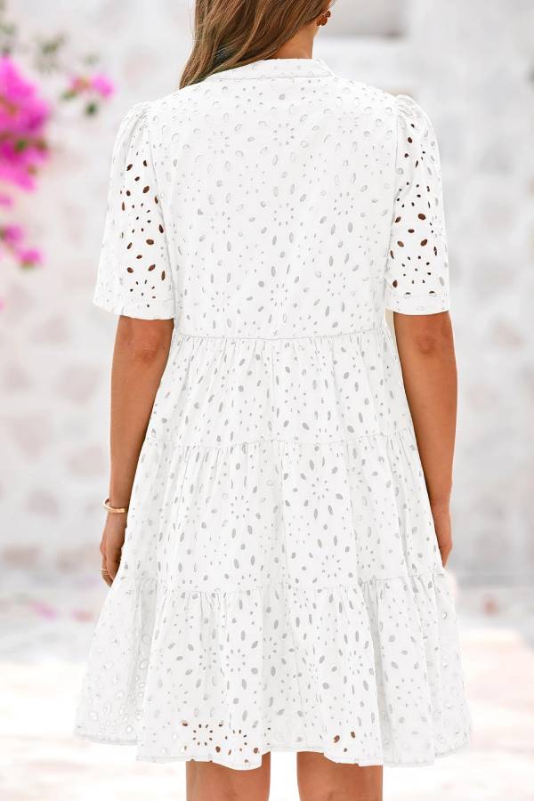 Women's V Neck Short Sleeve Hollow Out Mini Vacation Dress