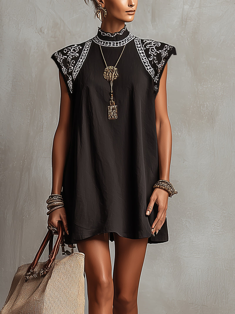 Black High-Neck Sleeveless Linen Mini Dress With Embroidered Shoulders