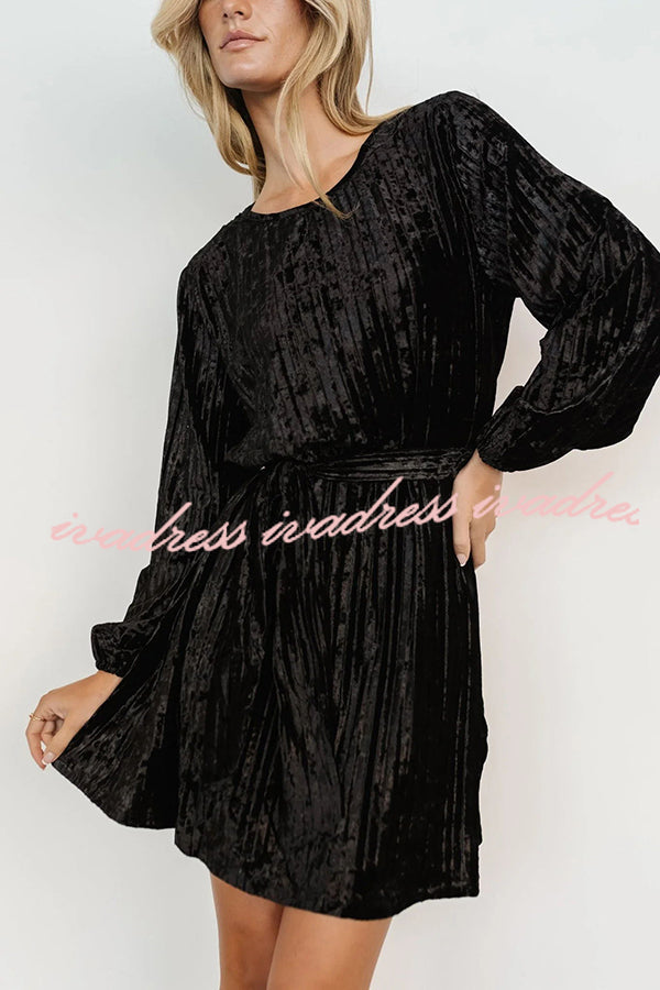 Anastasia Crew Neck Lace Up Velvet Long Sleeve Mini Dress
