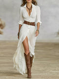 Vintage White Shirt Collar Button Ruched Waist Slit Maxi Dress