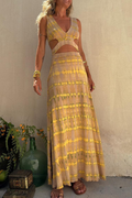 Yellow Ripple V-neck Slit Navel-exposed Long Suspender Dress