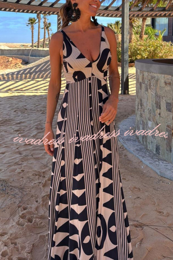 Sabine Geometric Print V-Neck Back Smocked A-line Maxi Dress