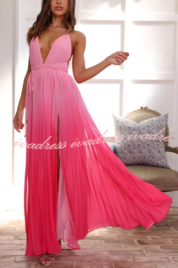 Love Letter To You Pleated Gradient Print Back Tie-up Slit Maxi Dress