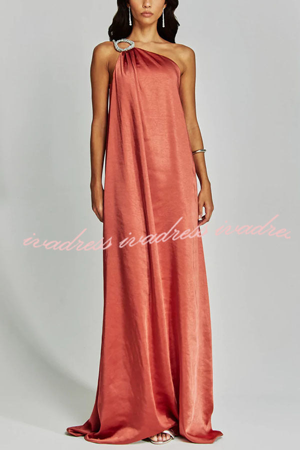 Charming Glance Satin Metal Hardware One Shoulder Loose Maxi Dress