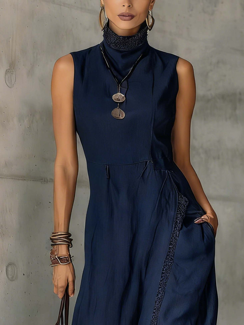 Navy Blue Lace Trim Cotton Linen Sleeveless Maxi Dress