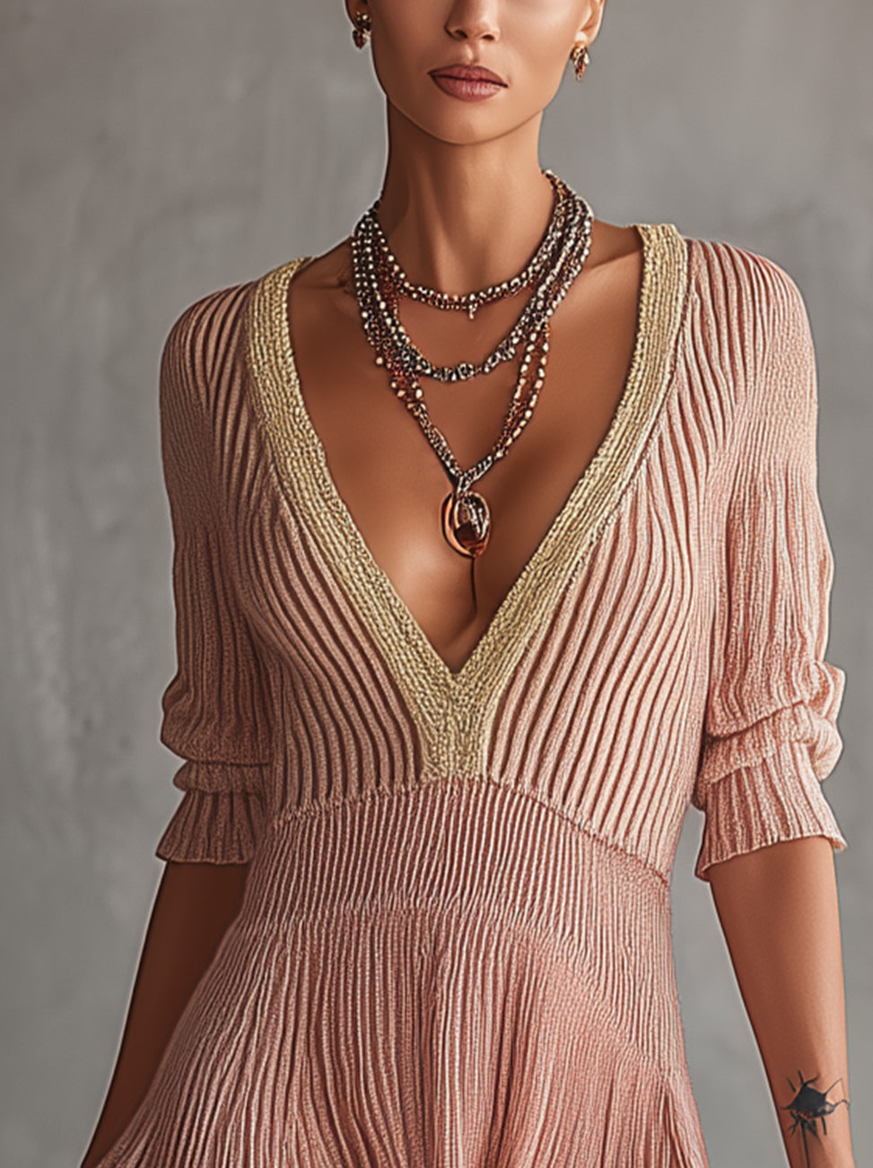Pink Ribbed Knit Mini Dress With Deep V-Neck And Flared Hem