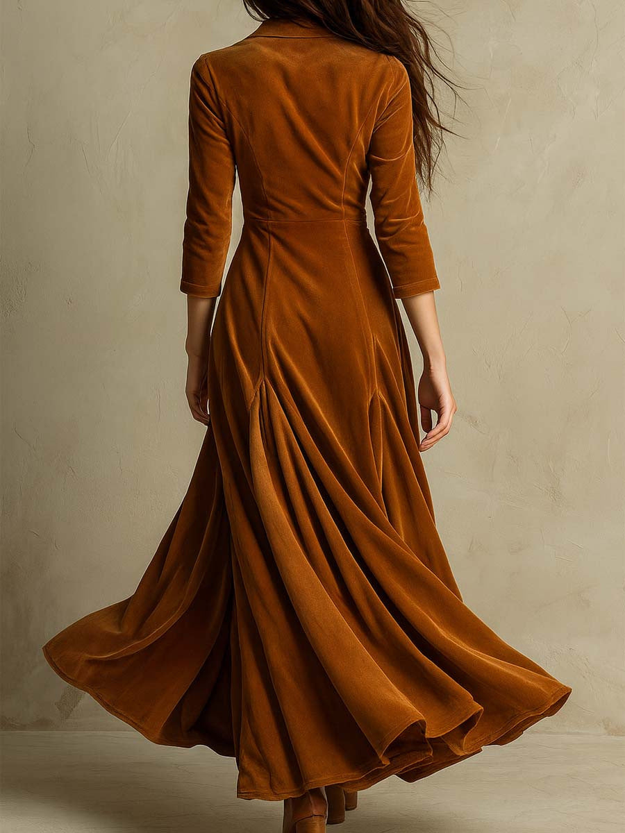 Daily Brown Turndown Collar Long Sleeve Button Casual Velvet Maxi Dresses