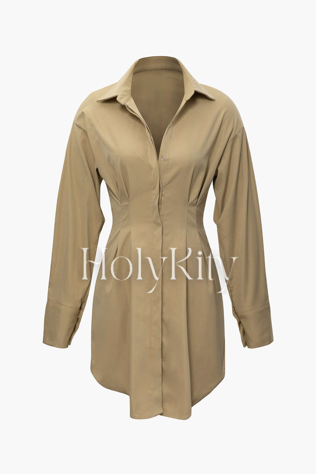Solid Collar Ruched Mini Shirt Dress