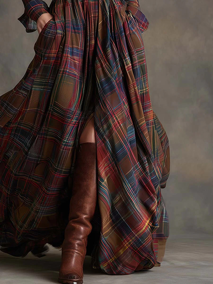 Casual Long Sleeve Button Pocket Plaid Print Shirt Maxi Dress (No Belt)