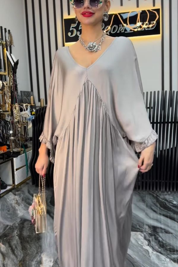 Satin Solid Color V-neck Lotus Leaf Sleeve Loose Pleated Maxi Dress
