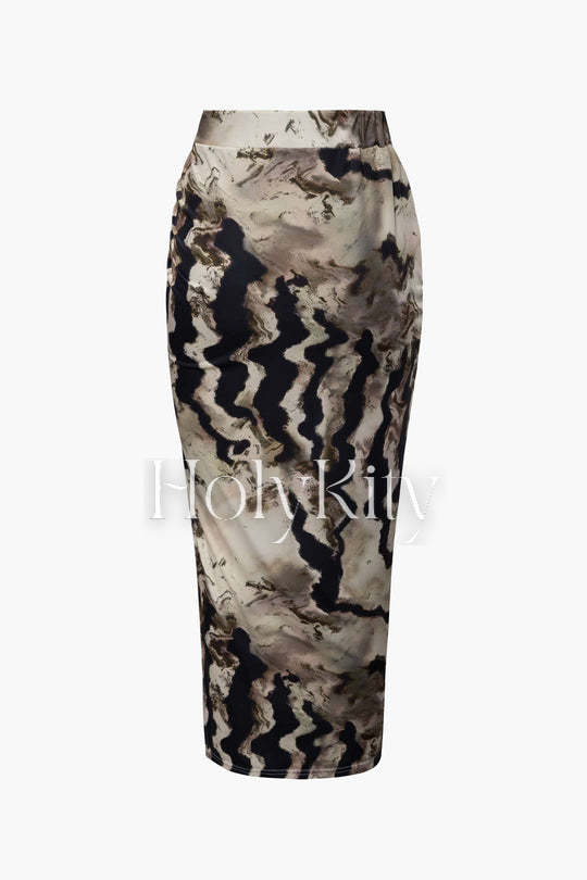 Abstract Print Drawstring Long Sleeve Top And Split Skirt Set